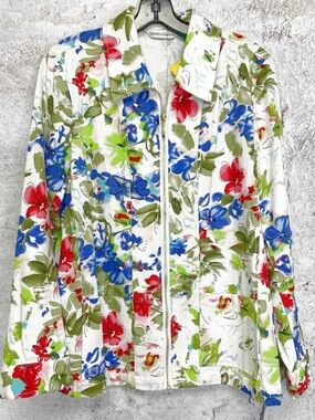 Floral Zip-Front Women's Jacket - White with Blue & Red Flowers
